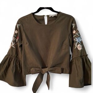 New! KONTROL Contemporary Gorgeous Olive Green Embroidered Bell Sleeve Top